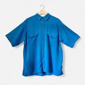 Vintage Womens's Blue Raw Silk Noil Button Down Shirt- Size Large